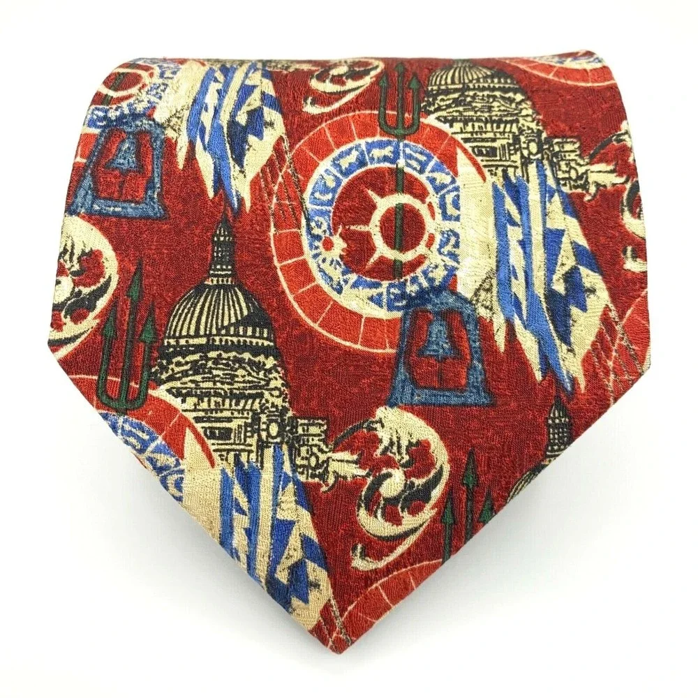 ERMENEGILDO ZEGNA Tie Red Blue Beige/Yellow 100% Silk Necktie New with Tags